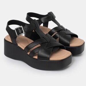 WYDR Studios Willow T-Strap Wedge Sandal Women 10 Black Leather Platform Wide